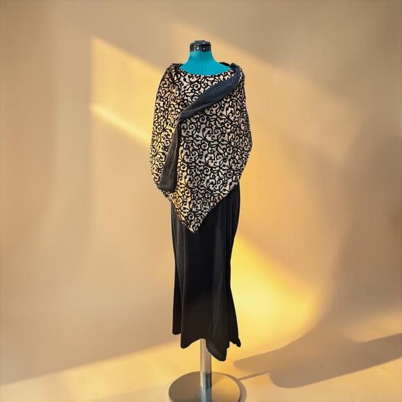 Sue Brett Dresses & Skirts - Vintage Sue Brett Black Gold Velvet Burnout Maxi Dress Shawl Glam Goth 80s Sz 18